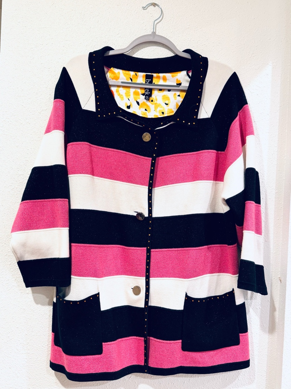 Berek Fuchsia Pink Black & White Striped Button Up Cardigan Sweater W/3/4 Sleeve